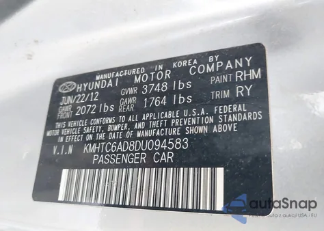 2013 Hyundai Veloster Base W/Black from USA, damaged, VIN KMHTC6AD8DU094583